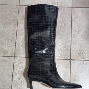 Sleek Black Faux Leather . Kitten Heel.Croc-Embossed Heeled Boots
